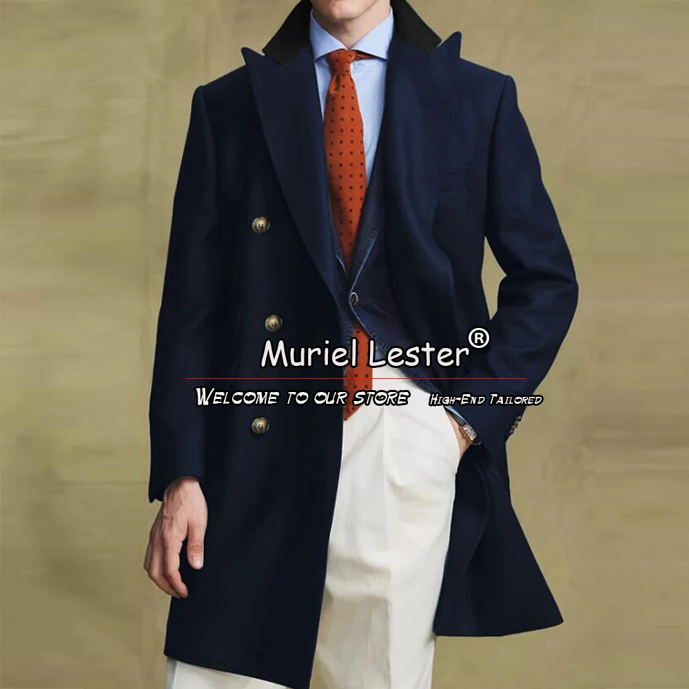 

Men's Suit Jackets Tailor Made Double Breasted Overcoat Groom Tuxedos Navy Tweed Woolen Blend Trench Coat Long Outwear Blazers