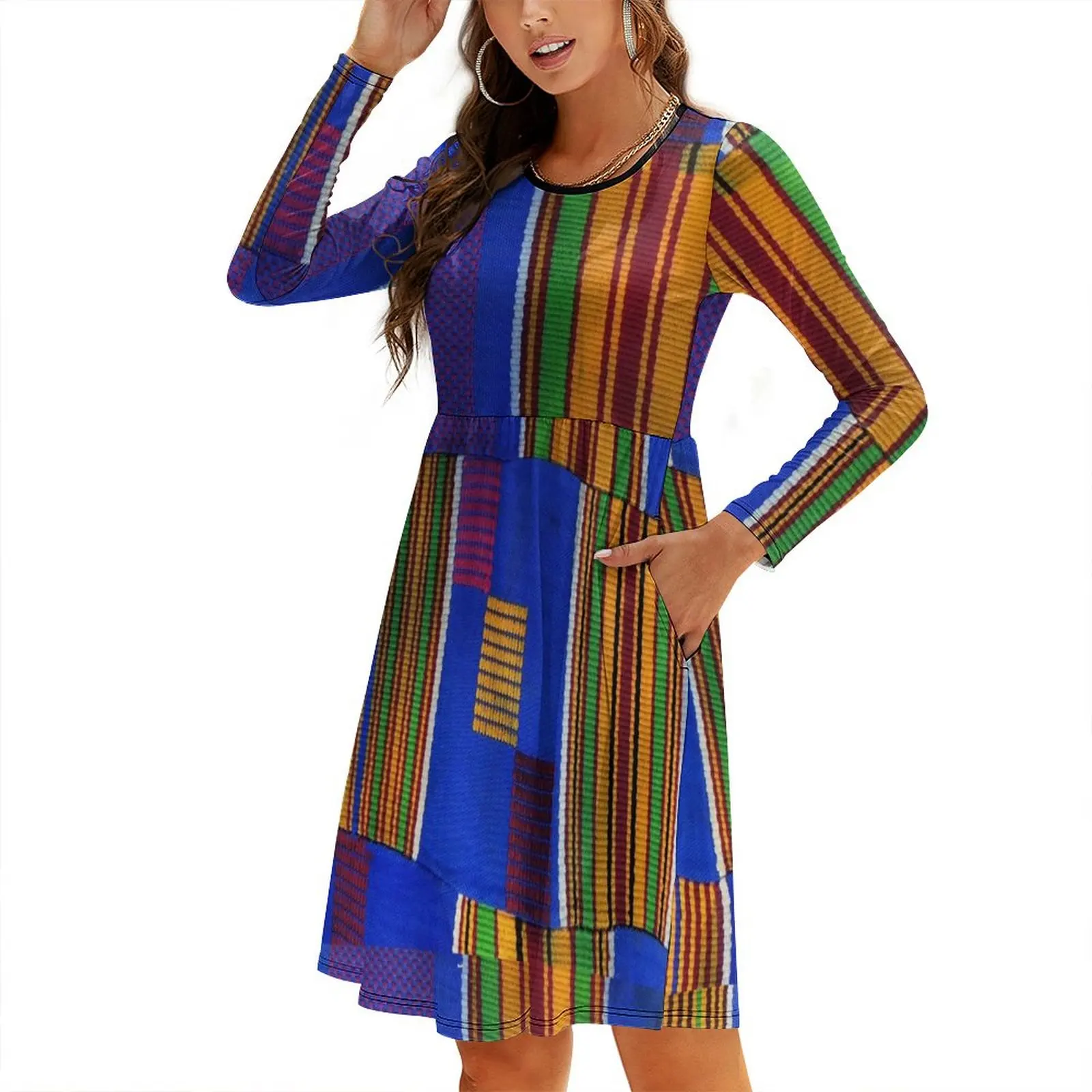 

Kente Cloth Ghana West African Print Round Neck Baggy Dress Women long dress sensual sexy dress for women