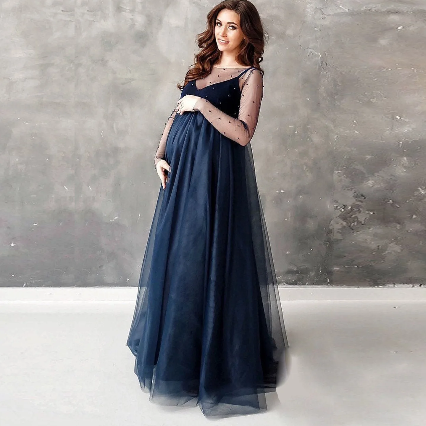 

Womens Pearl Maternity Dress for Photoshoot Long Sleeves Tulle Wedding Robe Beaded Bridal Gown Photography Dress