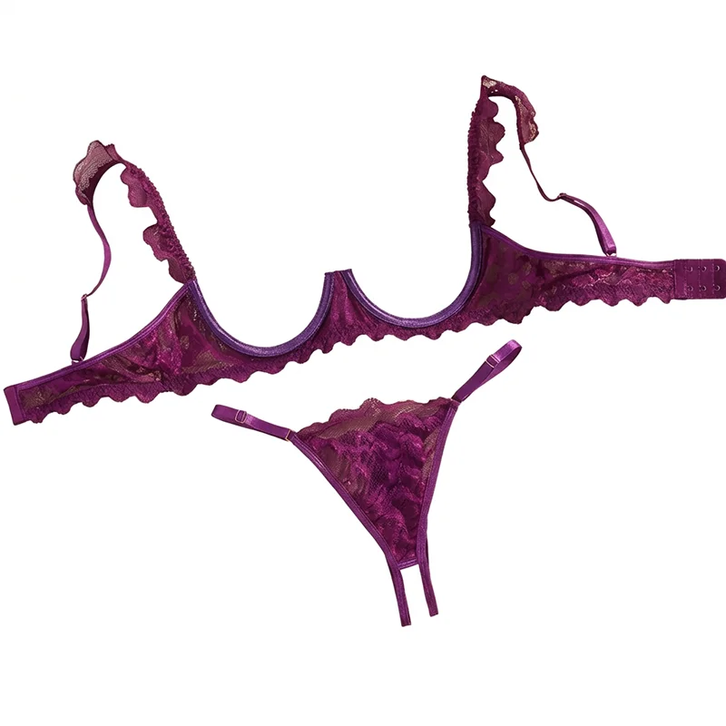 Ensemble de lingerie féminine ultra sexy avec soutien-gorge ouvert et string, sous-vêtements romantiques en dentelle, ensemble de lingerie ultra-fine ajourée, lingerie intime érotique