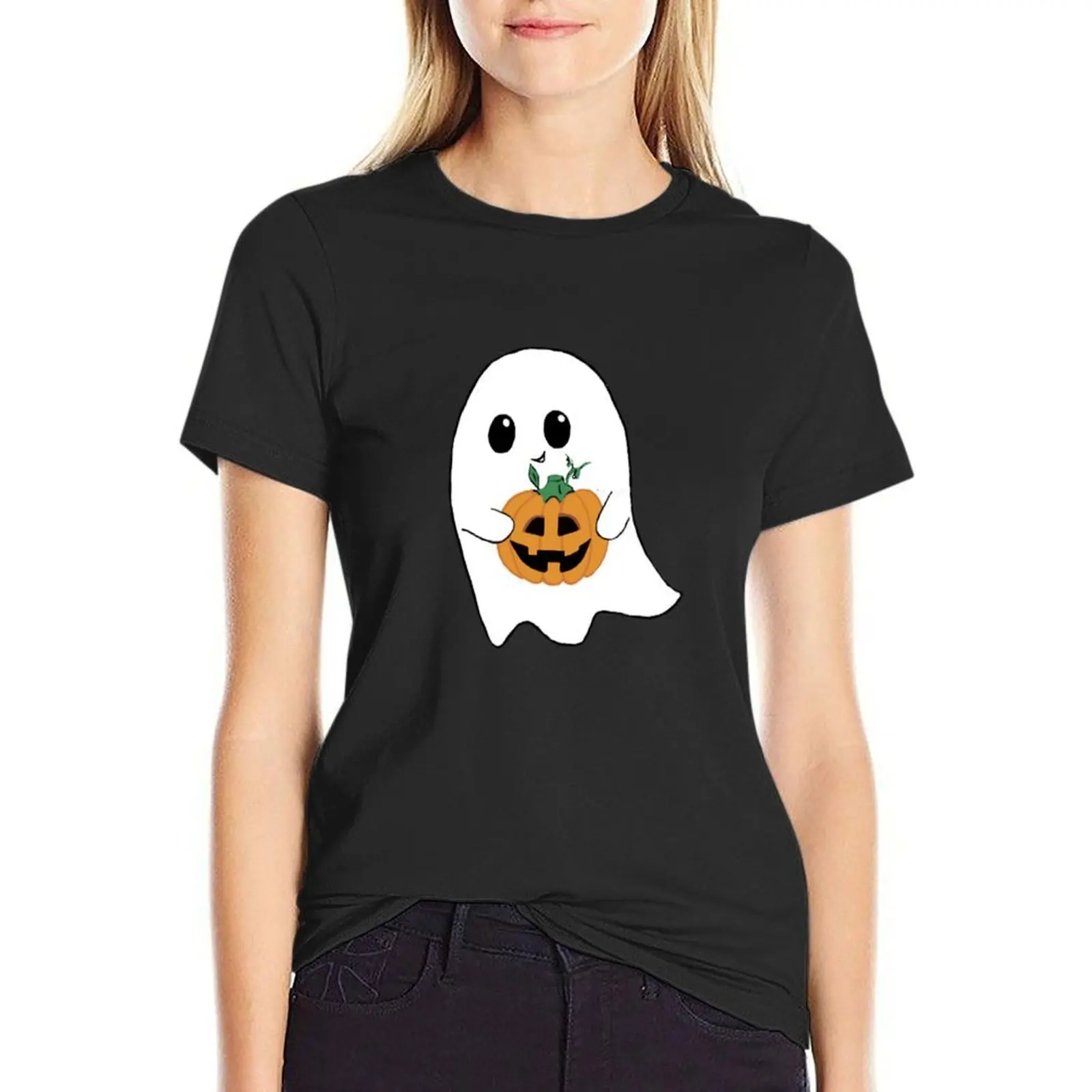 Cute Ghost Holding Pumpkin T-Shirt summer clothes vintage clothes funny t shirts for Women
