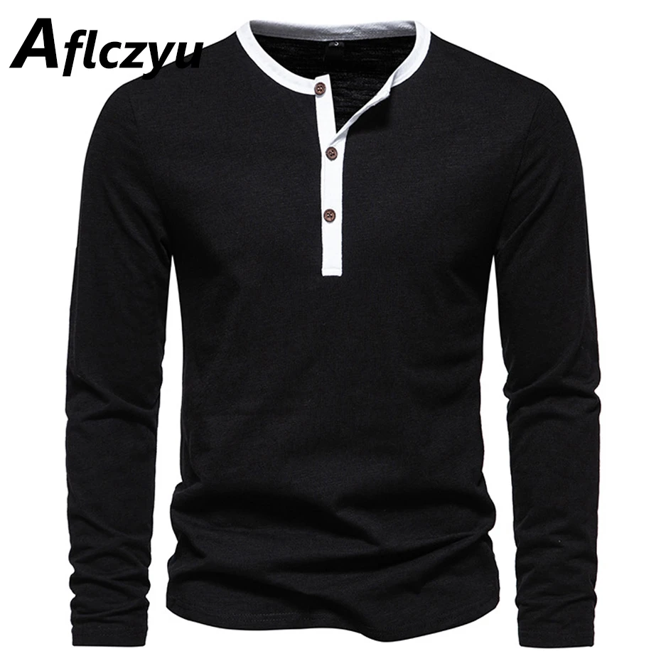 

Spring Autumn Long Sleeve T-shirt Men Solid Color Henry Collar T Shirts Male Long Sleeve Tops Tees Fashion Casual Tshirt Black