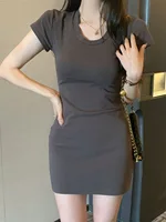 Basic round Neck Pullover Little Black Dress Women Slim Fit Sexy Short Skirt Cotton Blend Fabric Pure Color Summer 2025