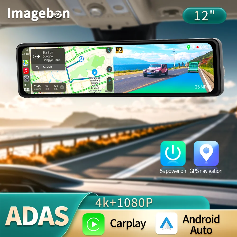 Car Dash Cam Imagebon 12 Inch Dashcam For Car 4K CarPlay Android Auto ADAS Rearview Mirror Camera 5G WiFi FM GPS Night Vision Video Recorder