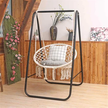 100KG Patio Garden Hammocks Rack Set Hanging Hammock Swing Cotton Rope Chair Iron Stand Indoor Camping Outdoor Furniture