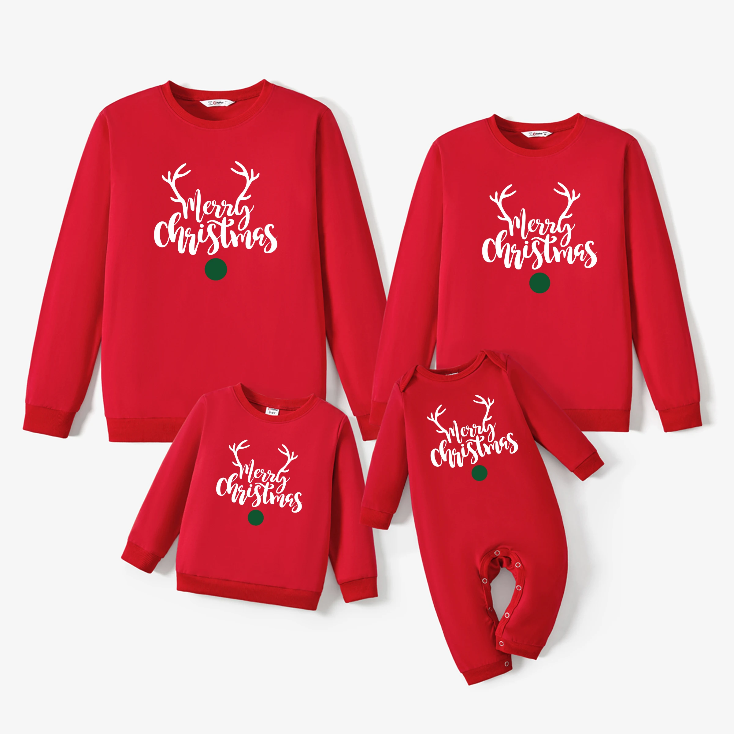 thumbnail image 2 of Camisetas navideñas a juego de algodón con estampado de letras y diseño de renos de manga larga de PatPat en rojo, 2 of 5