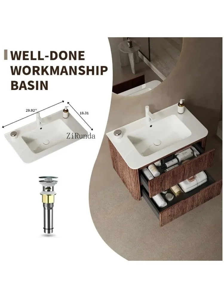 30" floating bathrobe with washbasin, 2 wall-mounted drawers, Vintage wooden striped bathtub