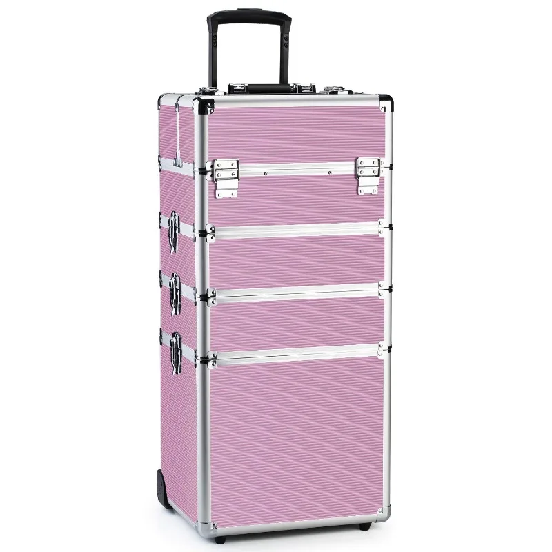 

OUDMAY Makeup Train Case 4 in 1 Professional Cosmetics Rolling Organizer Aluminum Frame and Folding Trays Pink