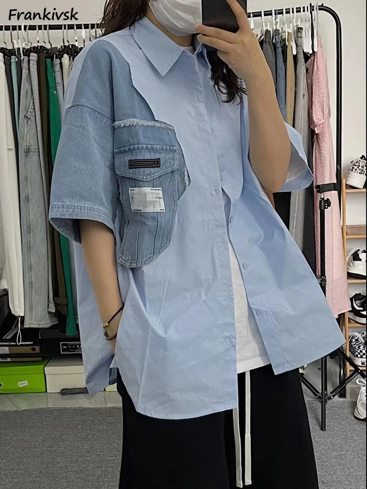 

Женские рубашки с отрезными вставками, свободные потертые модные Универсальные винтажные уличные костюмы в европейском ретро стиле, элегантные летние лоскутные изделия для студентов