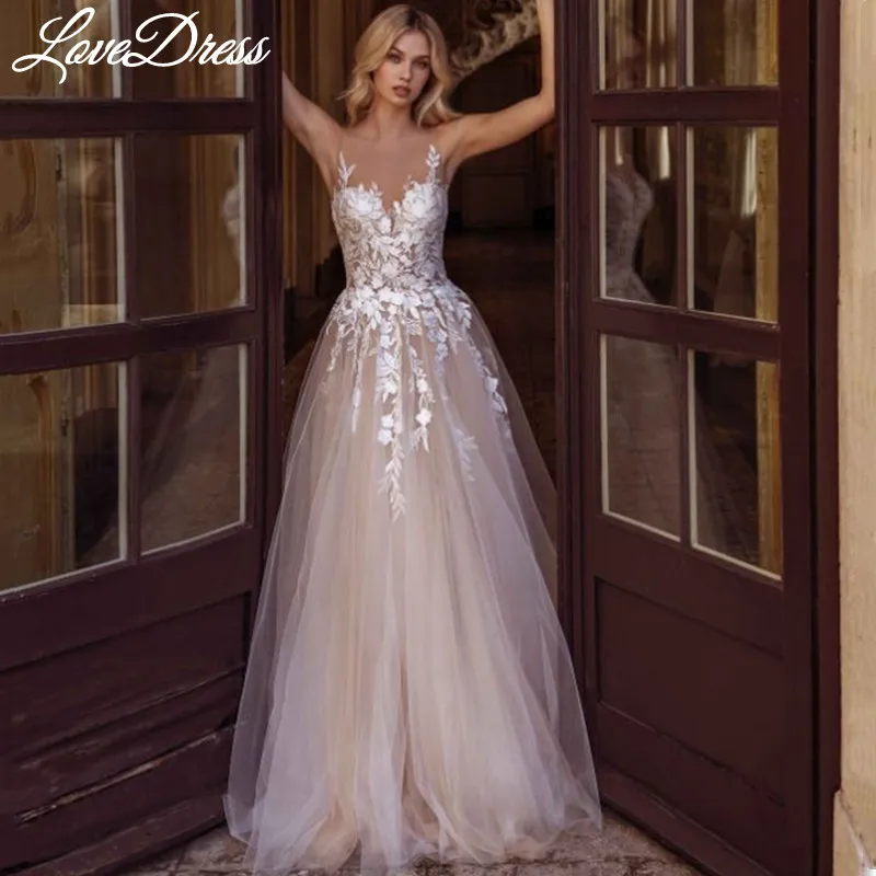 

LoveDress O-Neck Wedding Dress Sleeveless Lace Appliques Beach Tulle Bride Gown Illusion Backless Zipper Train Vestidos De Noiva