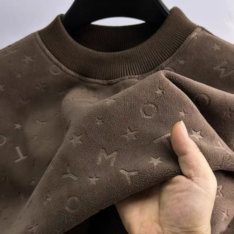 2024 New Men's Letter Embossed Plush Sweater, Thick T-shirt, Round Neck, Casual, Warm, Autumn, Winter, New Trend, Fashion, 811AA