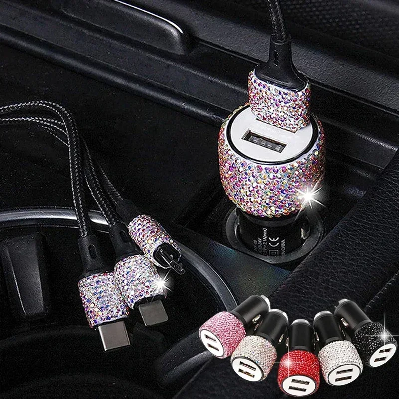 NEW Luxury Bling Diamond Car Charger 3 in 1 5V 2.1A Dual Port Fast Adapter Pink Car Decor Car Styling Diamond Car Accessories