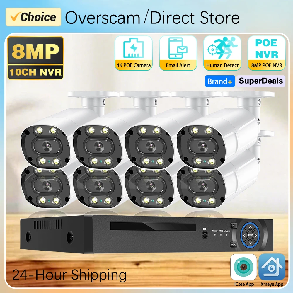 10CH 4K 보안 카메라 시스템 POE 8MP 오디오 총알 방수 야외 컬러 야간..