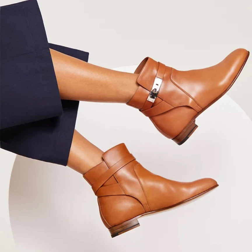 

Round Head Metal Buckle Women Shoes Fall Leather Black Short Boots Low Heel Zapatos Mujer Ankle High Botas Femininas