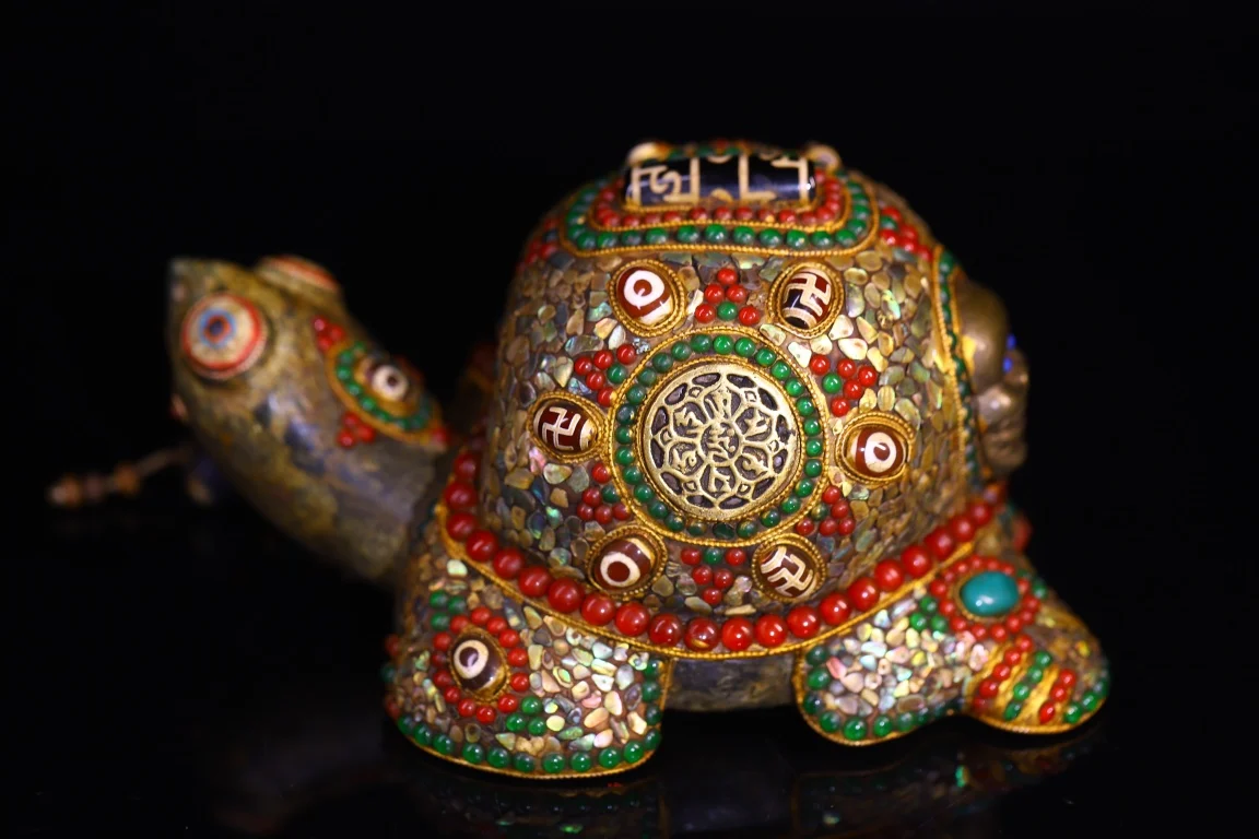

7"Tibetan Temple Collection Old Natural Meteorite Mosaic Gem gZi Beads Shell Six Word Proverbs Turtle Amulet Worship Hall