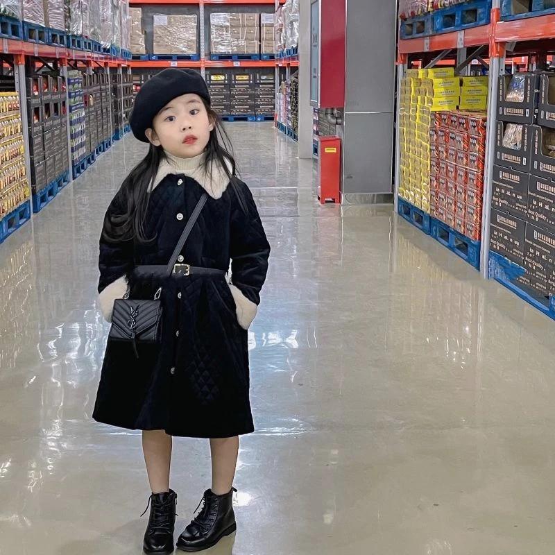 

Korean fur collar small dress winter girls' fashionplush cotton dress baby plaid dress kids clothes girls clothes