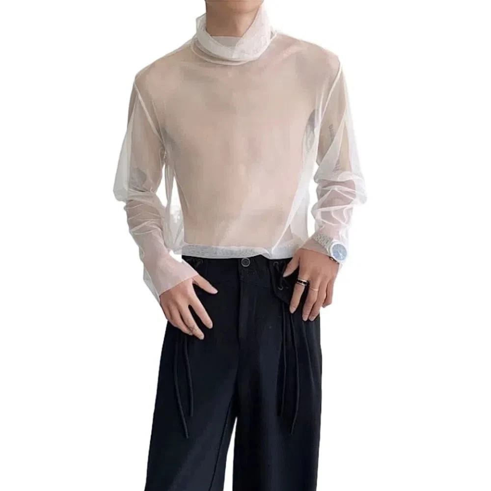 Creative See-through Transparent T-shirt High Collar Streetwear Long Sleeve T-shirt Solid Color Undershirt Mesh Top Men Male