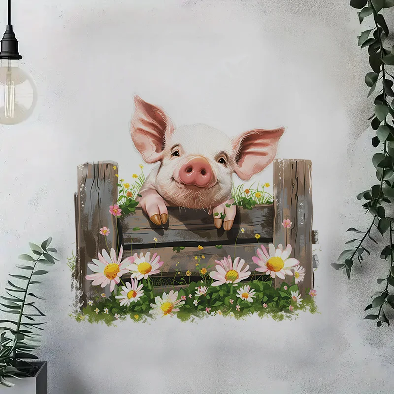 C1212# Pig with Woodne Fence Self-Adhesive Toilet Stickers,Wall Decal Removable, Reusable Vinyl Car Sticker for Bathroom Decor