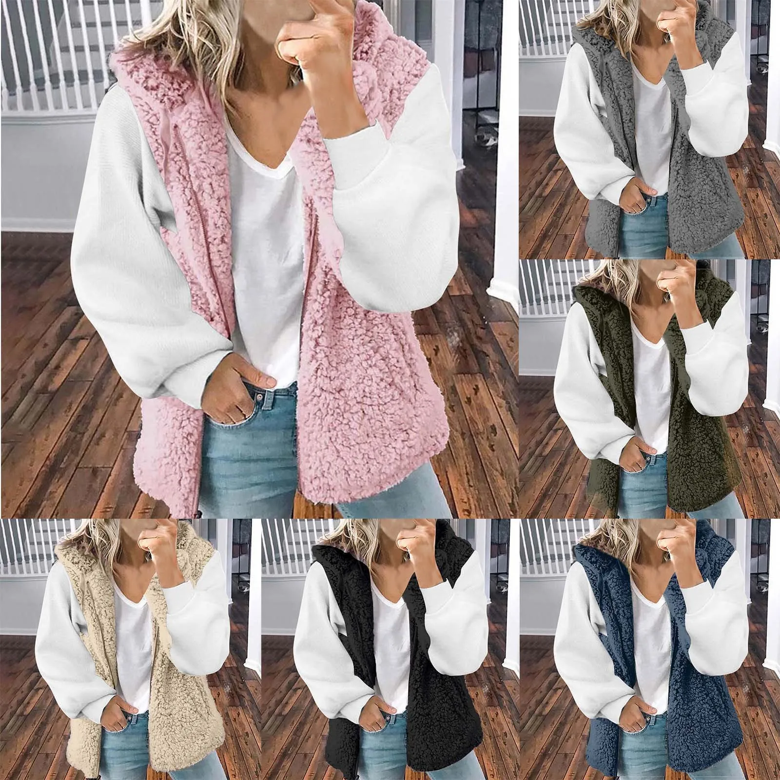 

Women's Casual Fall/Winter Solid Color Hooded Sleeveless Zipper Furry Coat Vest Women Double Breasted Suit