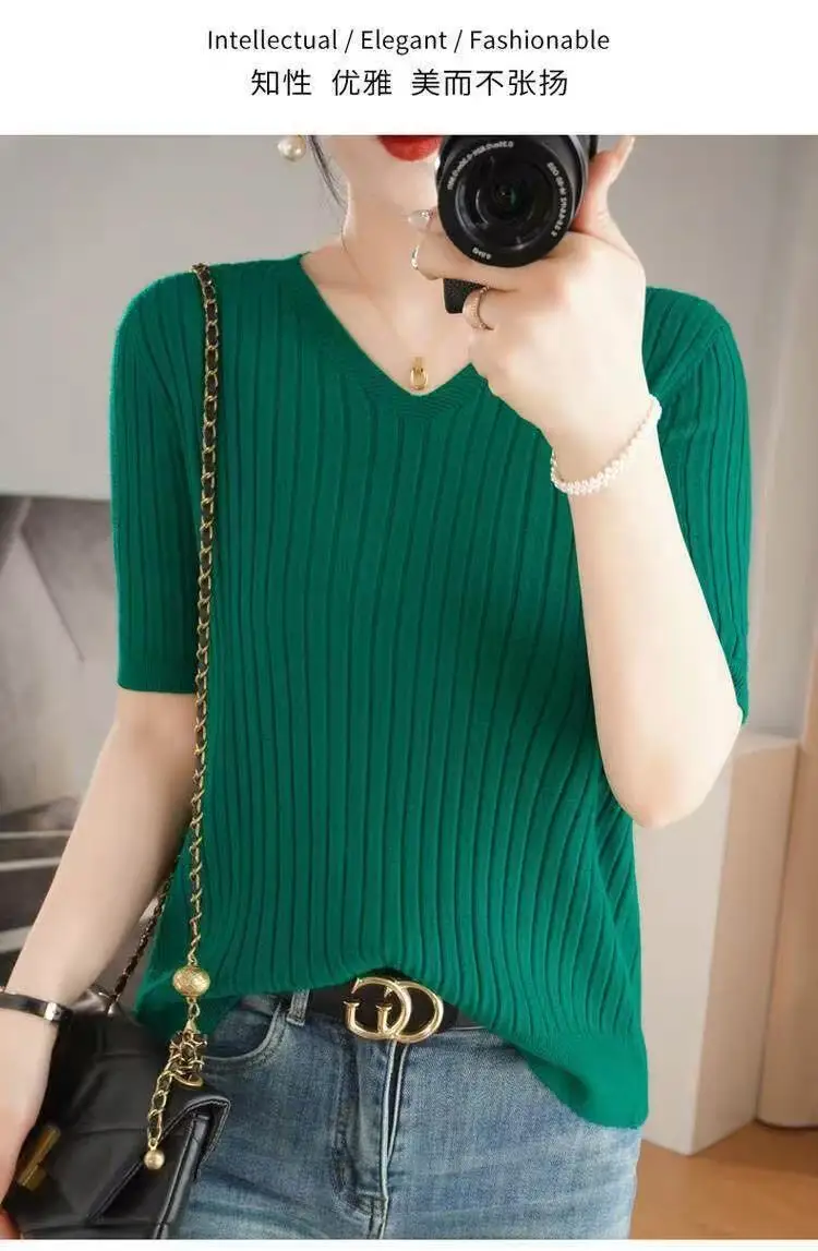 Summer New Loose Women's Wool Knitted V-ne ort Sve T-irt Spring Autumn Base irt Top Comfortable Breathable