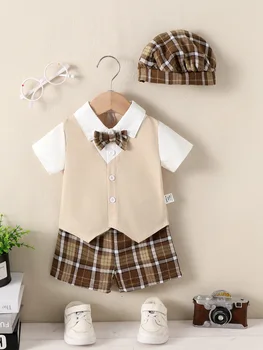 Toddler Baby Boy Summer 3PCS Suit Short Sleeve All-In-One Shirt & Waistcoat + Plaid Shorts + Beret Hat for 0-3Y Newborn Wearing 1