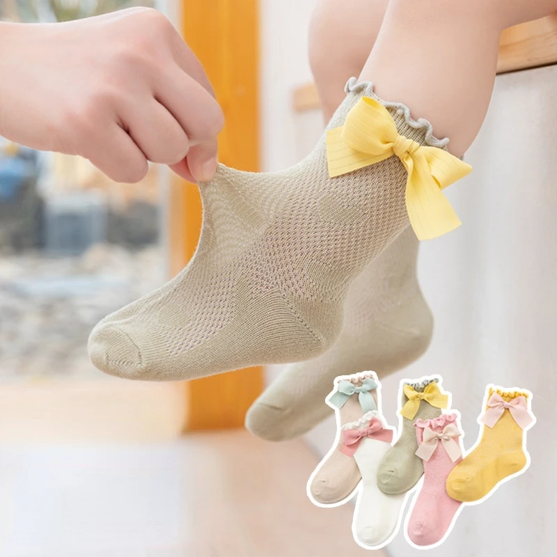 New Summer Children Socks Thick Knitted Girls Ankle Socks Bows Cotton Socks Toddlers Infants