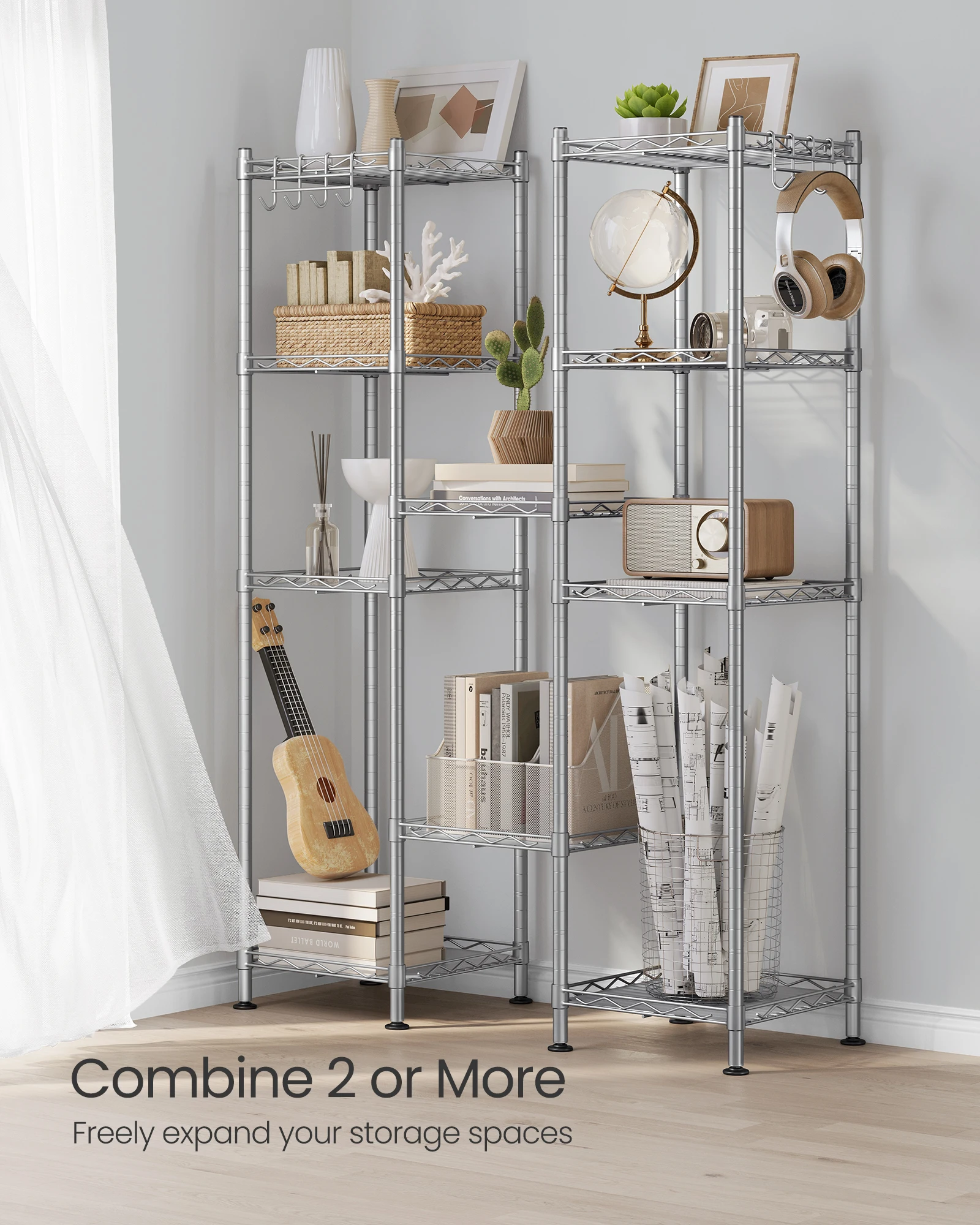 SONGMICS 5-Tier Bathroom Shelf, Storage Rack for Small Space, with 5 PP Shelf Liners, Removable Hook, Extendable Design 5