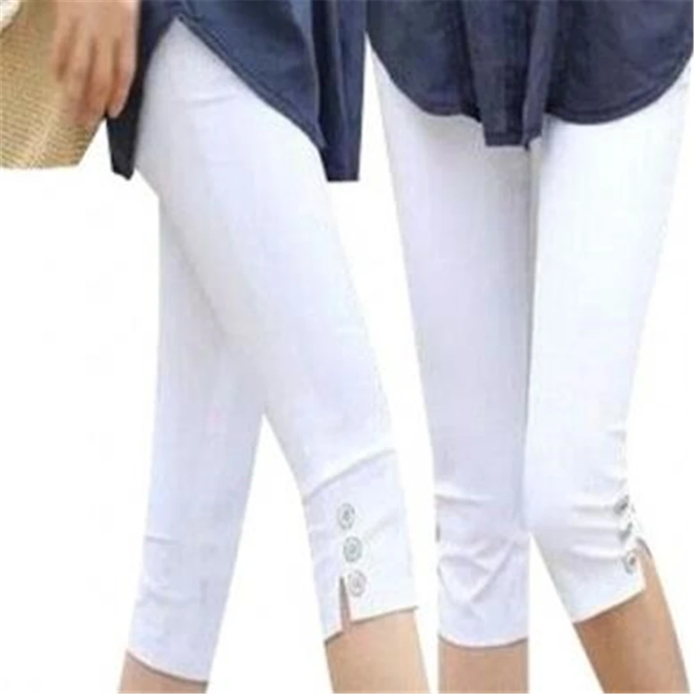 

Hot Sale Solid Knee Length Trousers Female Women Summer Cotton Calf-length Pants Lady Mid Elastic Waist Stretch Pencil Capris