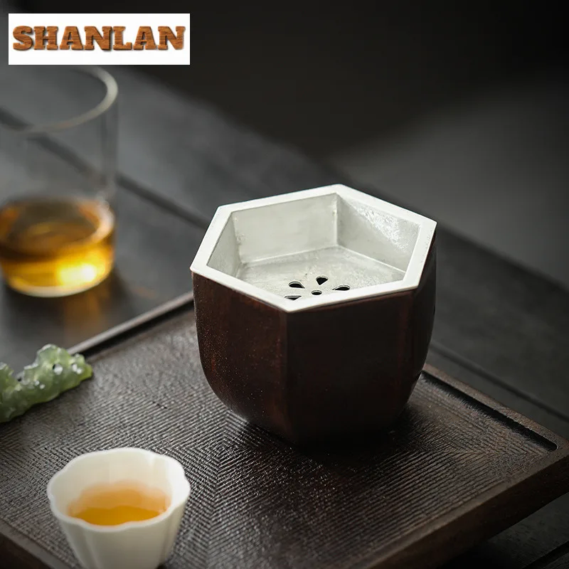 300ml Handamde Tin Covered Ceramic Tea Wash Basin Hexagonal Silent Color Pot Bearing Holder Small Tea Residue Separation Tank