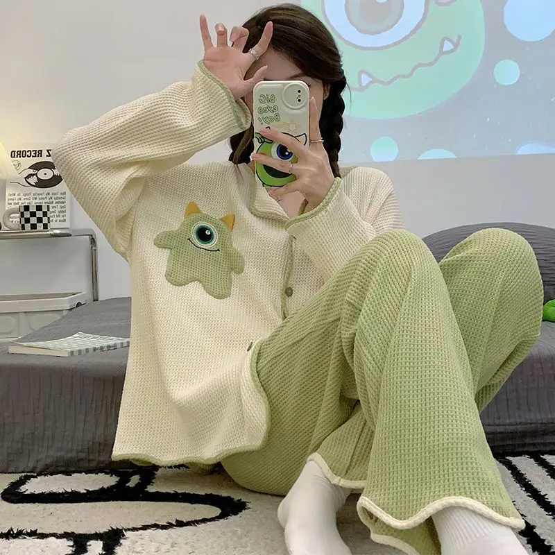 Waffle pajamas women spring autumn pure cotton new long-sleeved cartoon cute sweet style outer wear home clothes set freshing