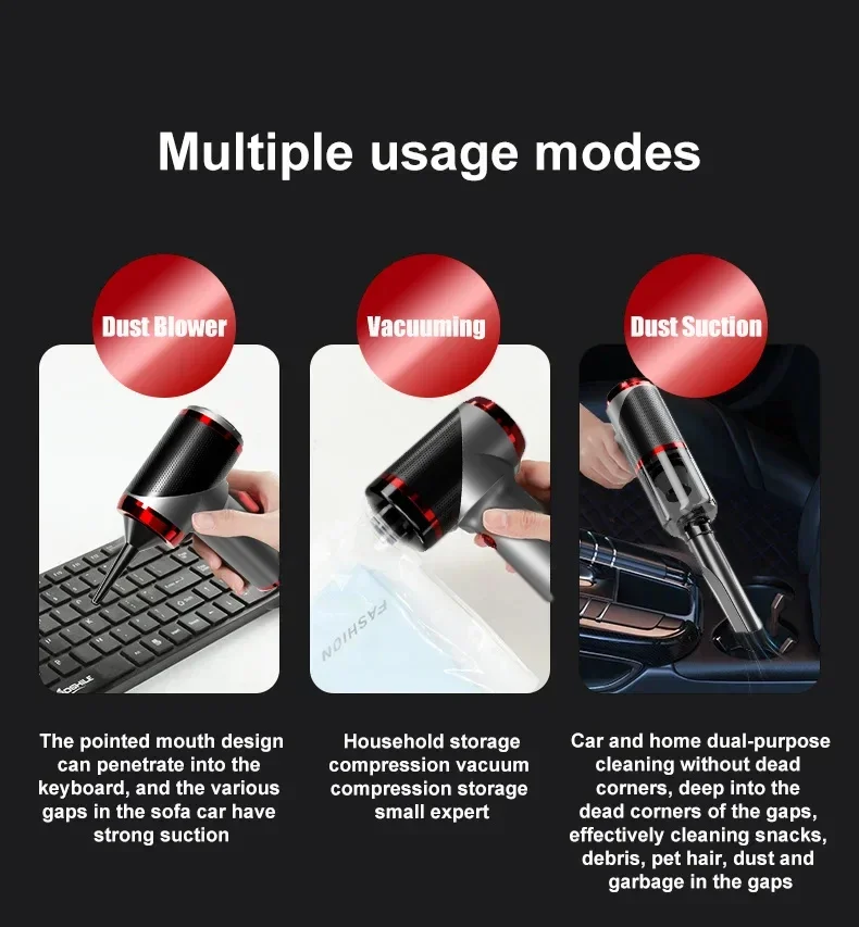 Mini car vacuum cleaner showing compact black design and handheld usage.