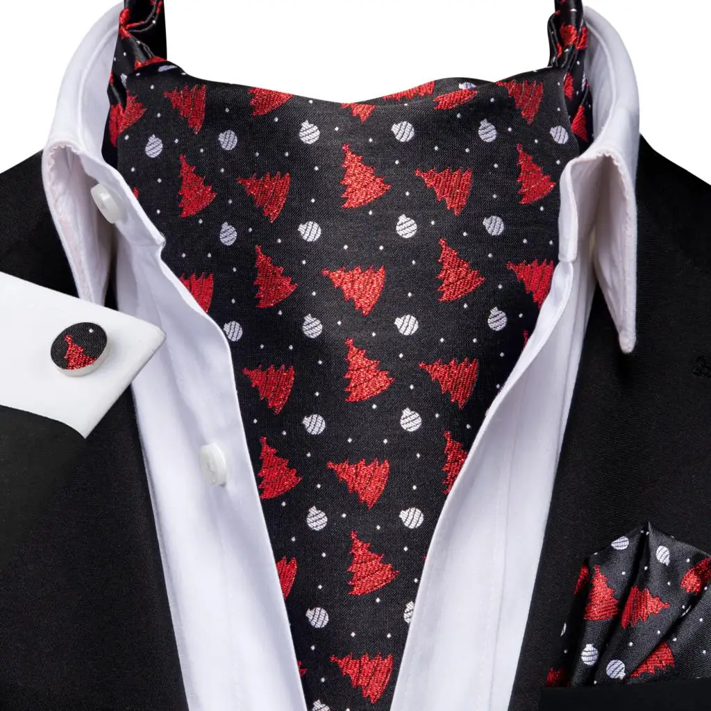 

Hi-Tie Brand Jacquard Black Red Christmas Silk Men Elegant Ascots Hanky Cufflink Vintage Cravat Scarf Xmas Gift For Male Party