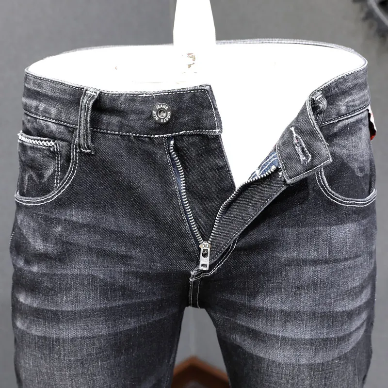 Fashion Designer Men Jeans High Quality Retro Black Gray Stretch Slim Fit Vintage Jeans Men Casual Denim Pants Hombre