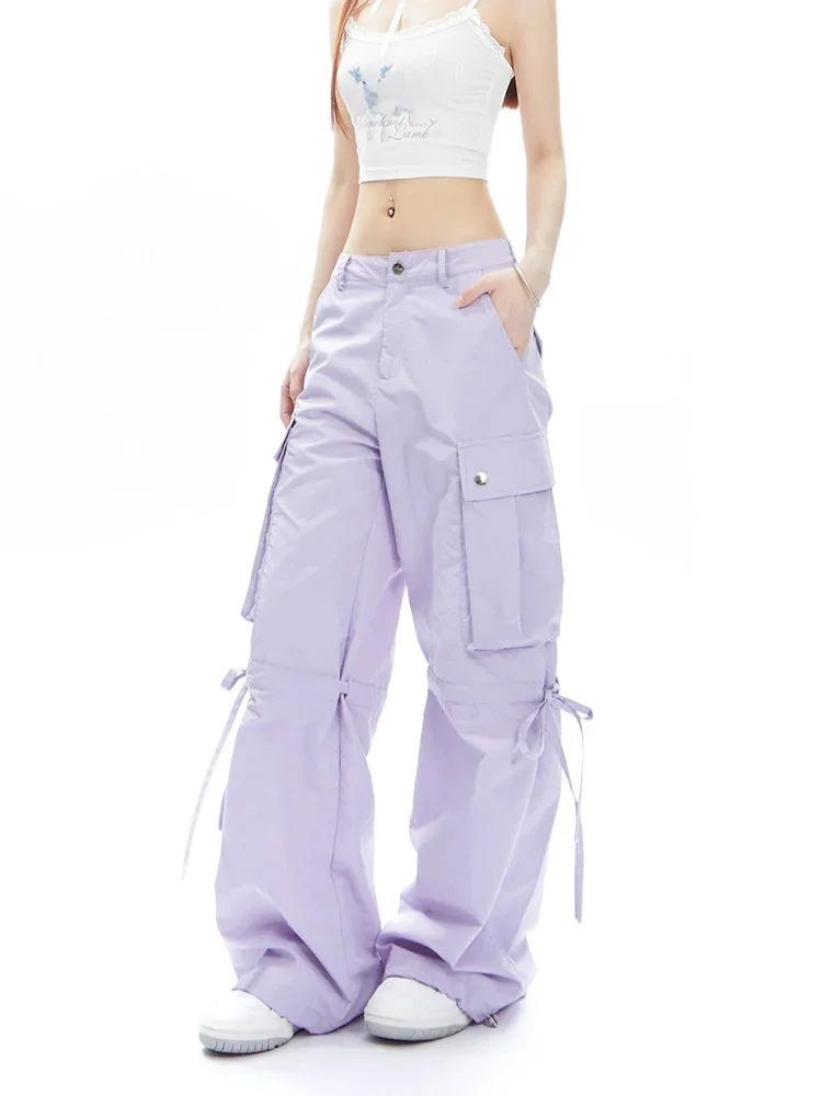 

Korean Fashion Purple Cargo Pants Woman Y2K Streetwear Gray Sweatpants Oversized Drawstring Techwear Wide Leg Trousers