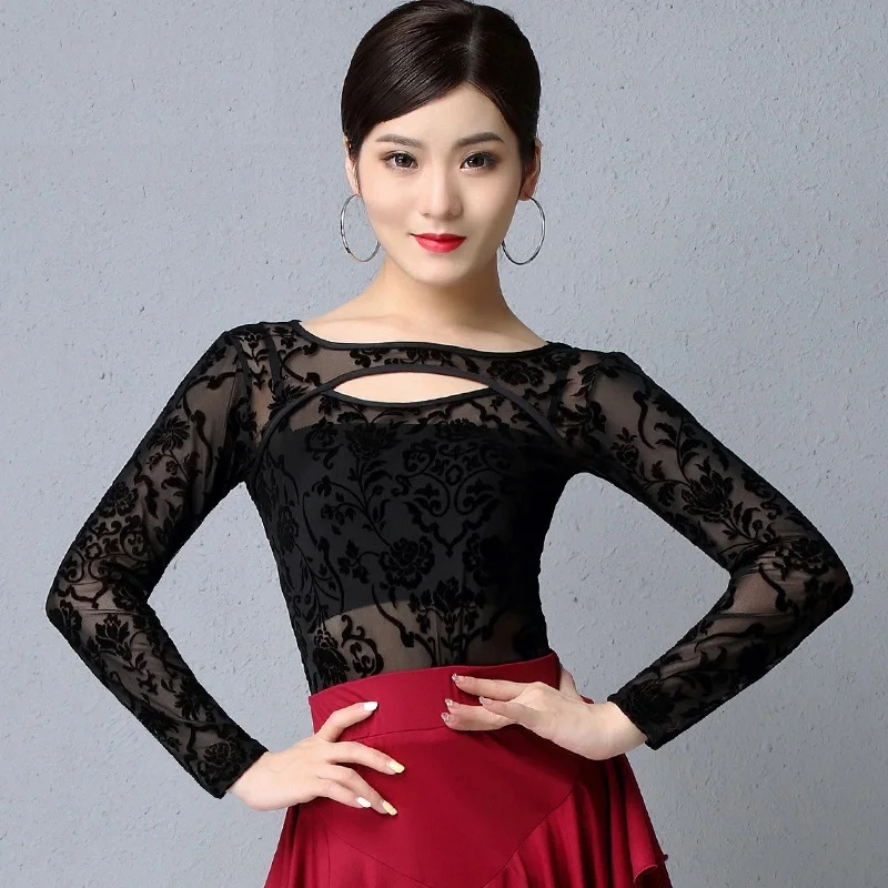 

X022 Latin Dance Practice Clothes Top Women's New Modern Dance Shirt Practice Top Flocking Long Sleeves Fringe Tassel Skirt