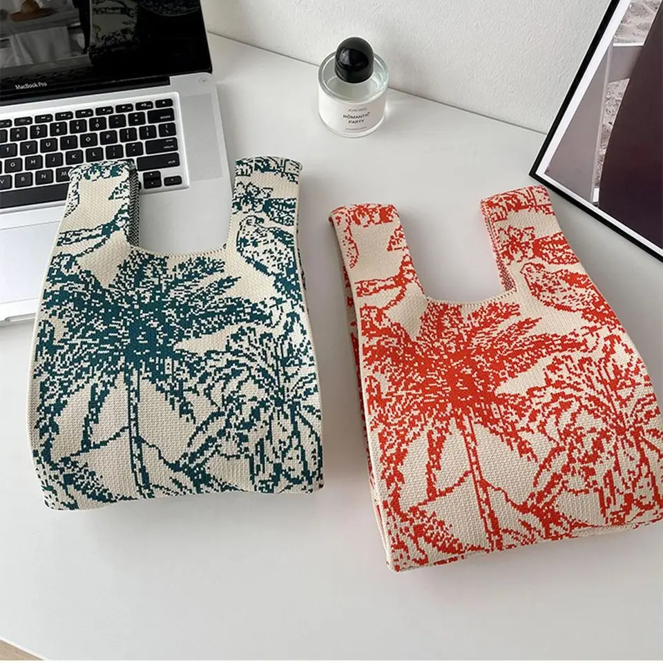 Mini borsa in maglia fatta a mano per donna Borsa da polso con nodo piccolo Borsa tote scozzese colorata casual Borse per la spesa riutilizzabili per ragazze  1524