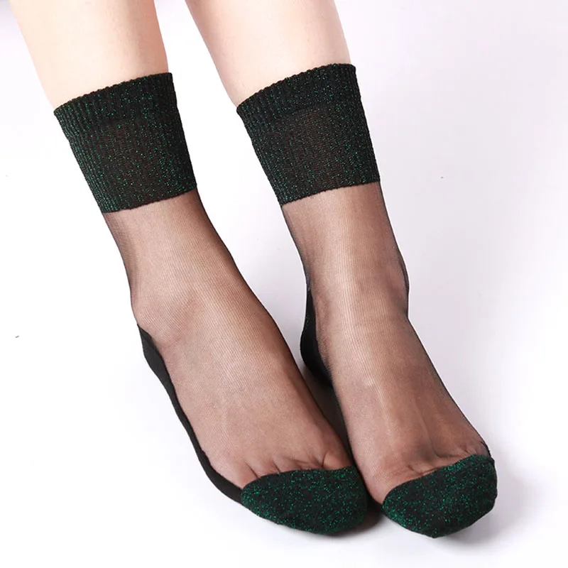 Frauen Sommer Mode Ultradünne Transparente Socken Glitter Kristall Glas Seide Socken Schöne Spitze Glänzende Elastische Kurze Socken – Detail 7
