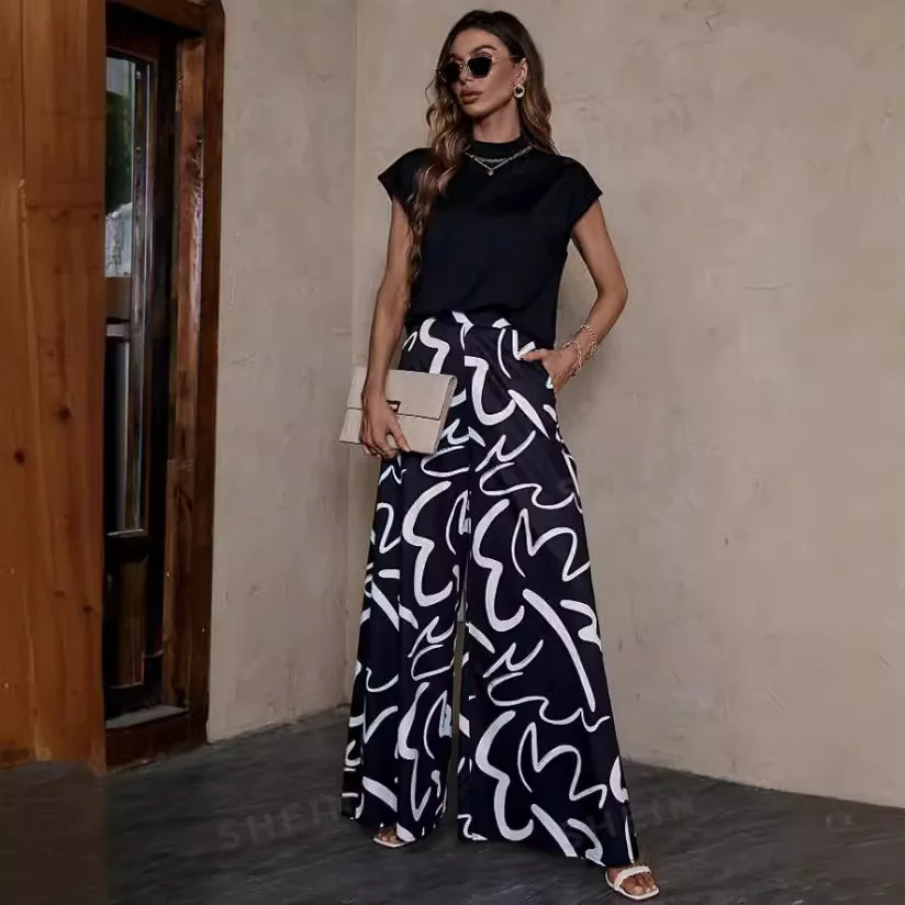 Printed Long Pants For Women Fashion High Waist Wide Leg Trousers 2024 New Ladies Casual Commuter Vacation Party Loose Long Pant