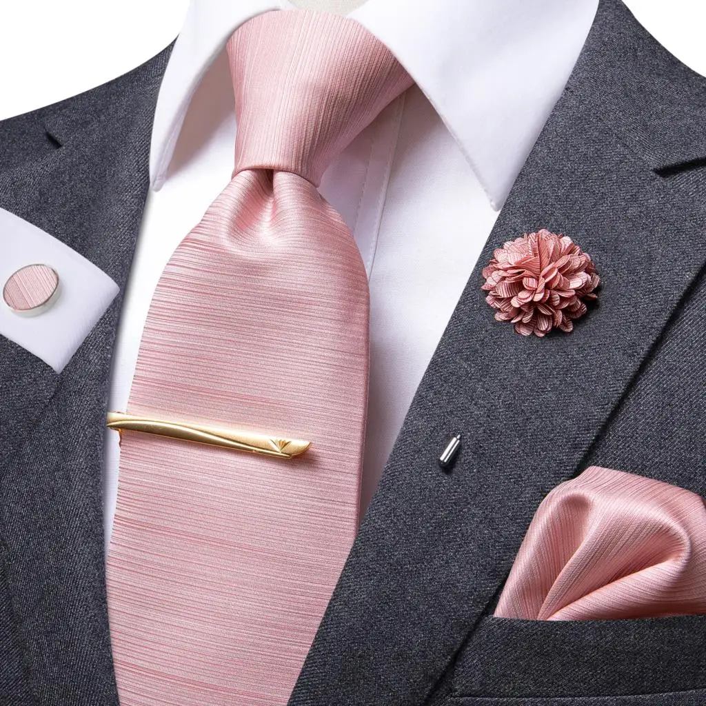 Hi-Tie Designer Roségold Rosa Einfarbige Hochzeitskrawatte für Herren mit Einstecktuch und Manschettenknöpfen – Modische Business- und Party-Krawatte für Herren – Dropshipping