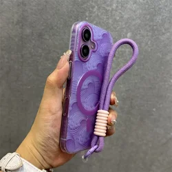 Magnetic Aurora Sea Wave Case with Colorful Laser Finish & Wrist Strap Lanyard for iPhone 16 Pro (Purple GS)