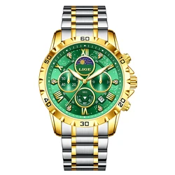 LIGE Luxury Stainless Steel Luminous Men's Chronograph Watch (Gold green)