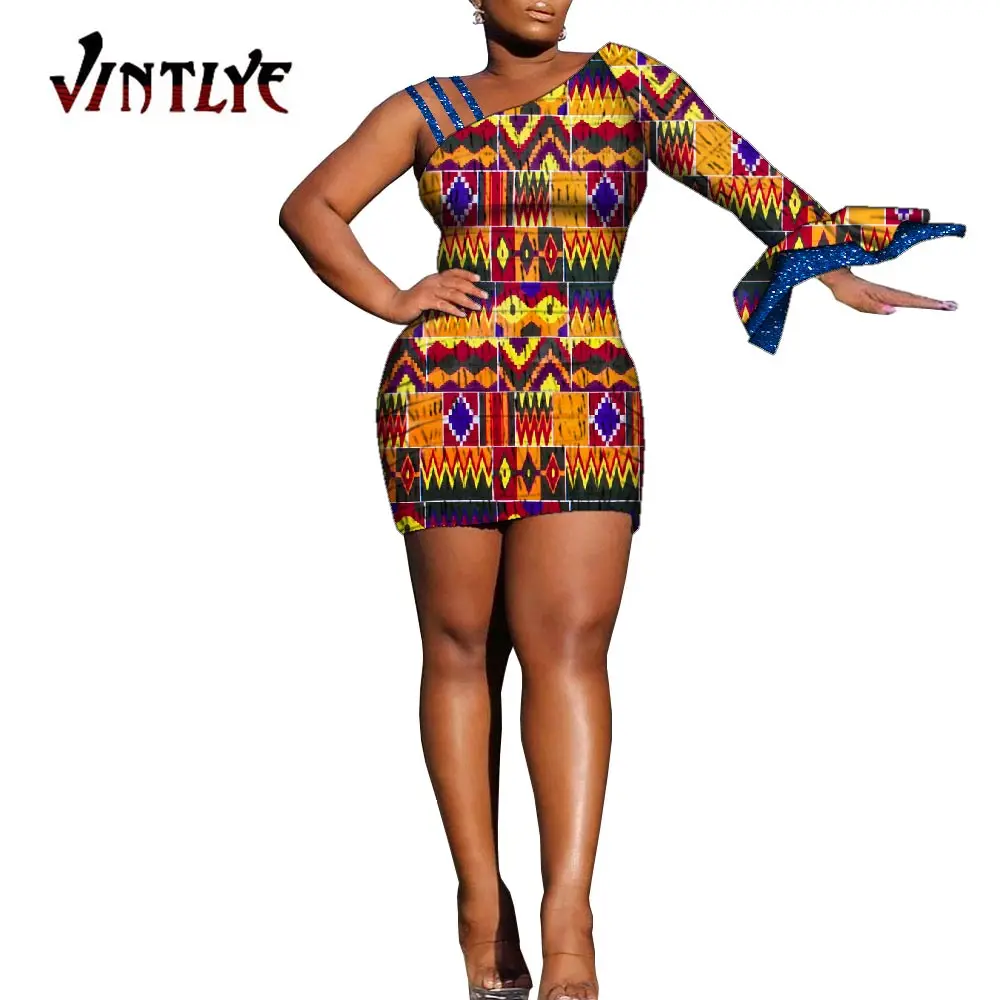 

African Dresses for Women Ankara Fashion Floral Print One Shoulder Dresses Dashiki Club Wear Slim Asymmetric Short Dress WY9455