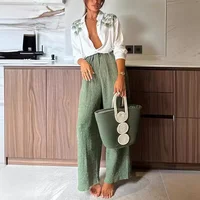 Ensemble de vêtements à fleurs florales à manches longues pour femmes, haut de chemise à boutonnage simple, pantalon taille haute à jambes larges, 2 pièces 4