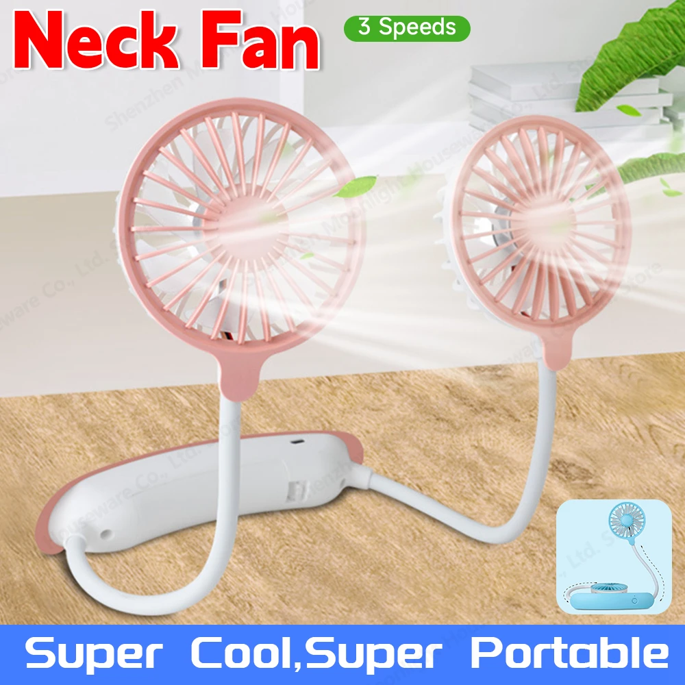 USB Portable Fan Cold Fan Hands Free Neck Fan Hanging Rechargeable Mini Sports Fan 3-Speed Adjustable Neck Dual Fan Home Office