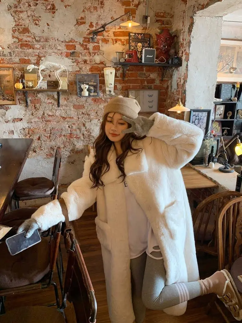Mid-length Imitation Mink Fur Coat for Women, Thicken Warm Outcoat, Fashion Casual Parkas, Loose Warm,Version over the Knee, New