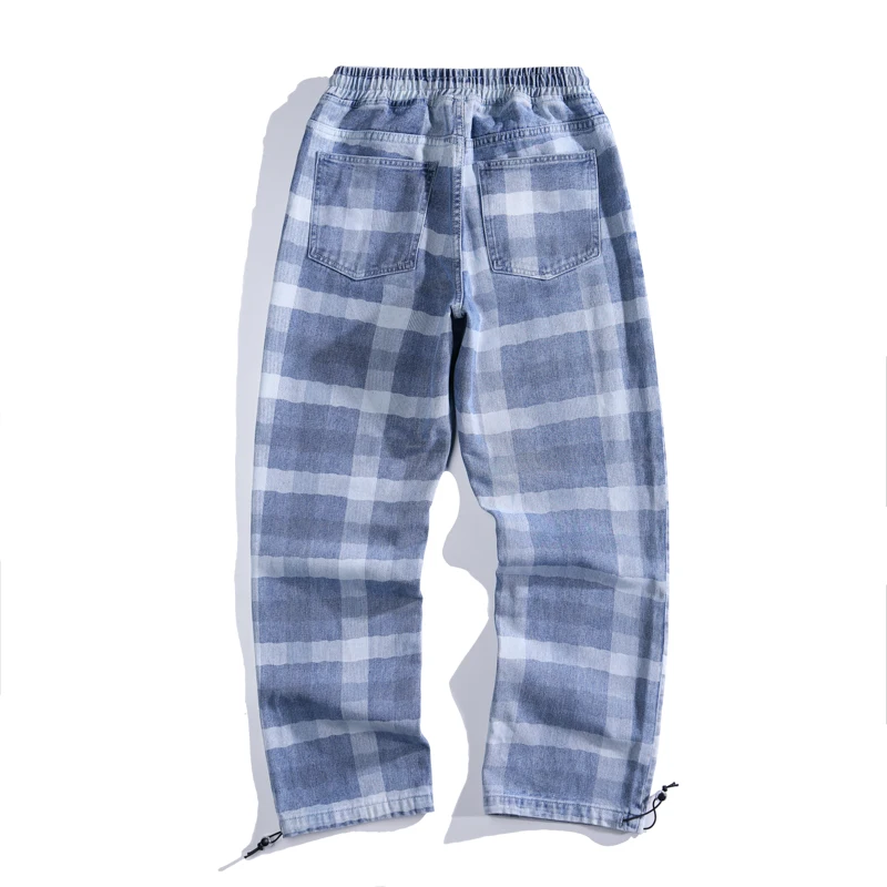 2024 Trendy American High Street Pants Men's Casual Pants Loose Tie Feet Youth Checkered Casual Pants