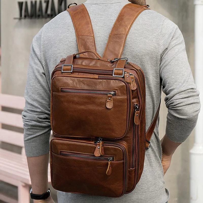 

Men's Large Capacity Genuine Leather Backpack Fit 15" Laptop 3 Use Cowhide Travel Rucksack Weekend Bag Male School Bag