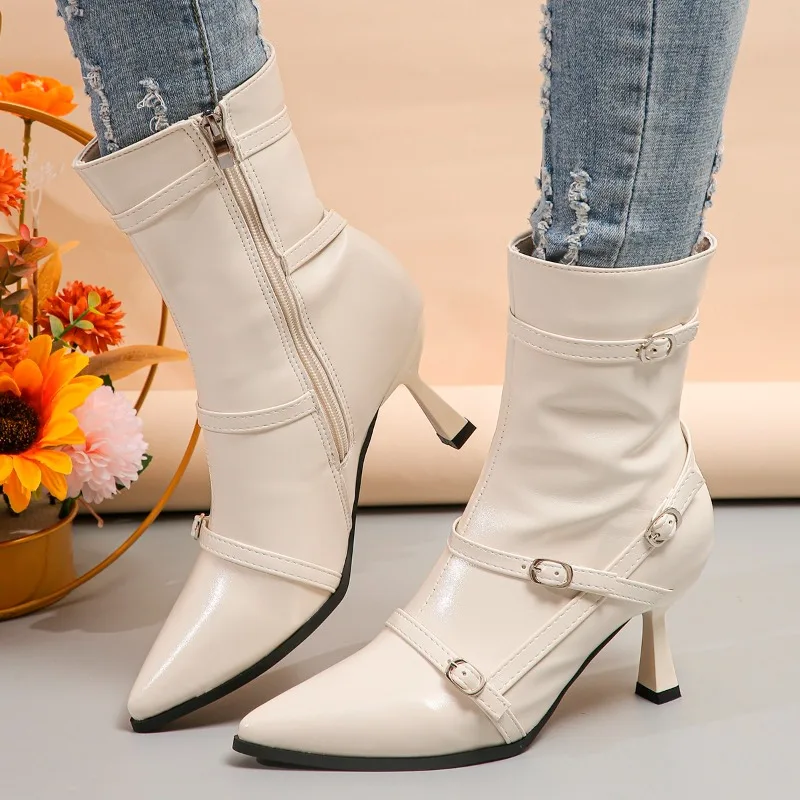 

Shoes for Women 2023 New Belt Buckle Women's Boots Fashion Side Zipp Office and Career Sexy Pointed Toe Ankle Boots Shoes Female