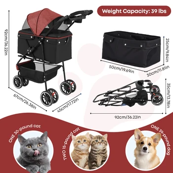 Portable Foldable Pet Stroller for Small Dogs & Cats, Travel Carrier with Canopy, Storage Basket 3