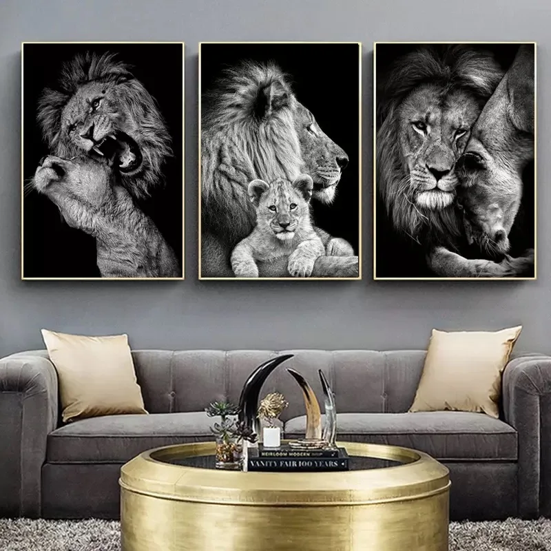 

High-End Oil Painting Print On Canvas Black And White Lion Posters And Prints Forest Animals Art Wall Home Decoration